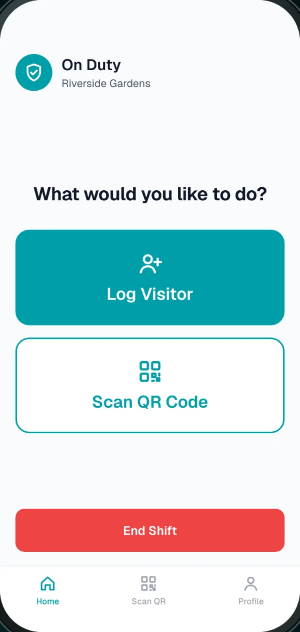 Guard home screen with two large buttons: Log Visitor and Scan QR Code