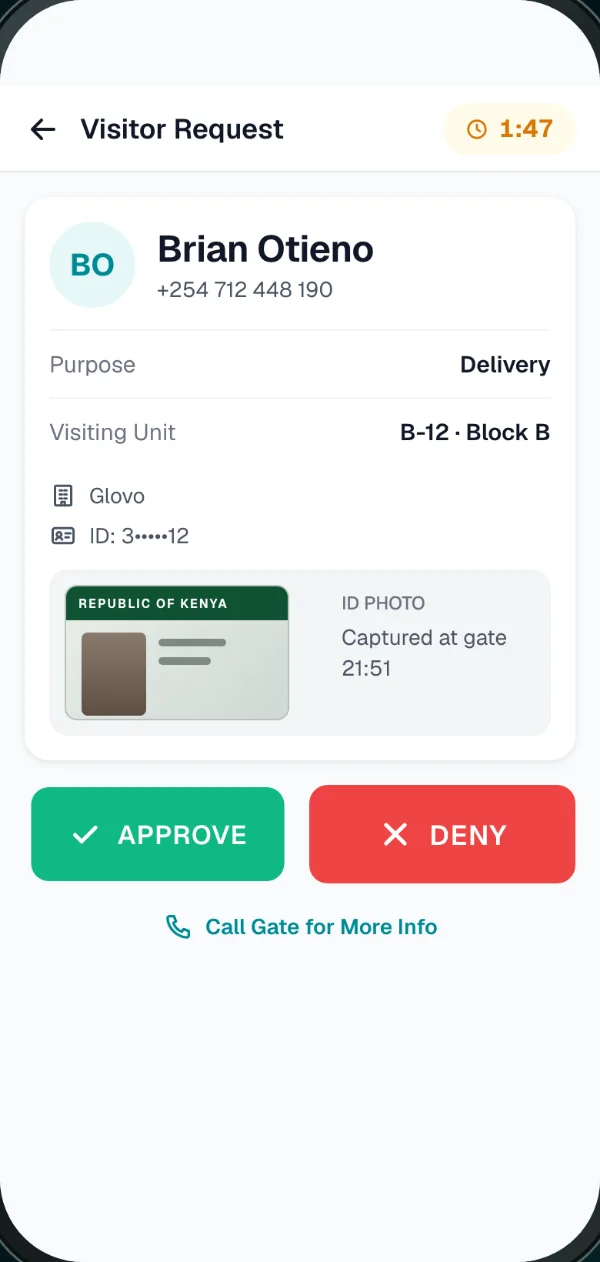 Resident's screen: visitor request with Approve and Deny buttons and the visitor's ID photo