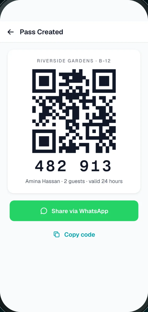 A resident's QR pass with the backup code 482 913 and a Share via WhatsApp button
